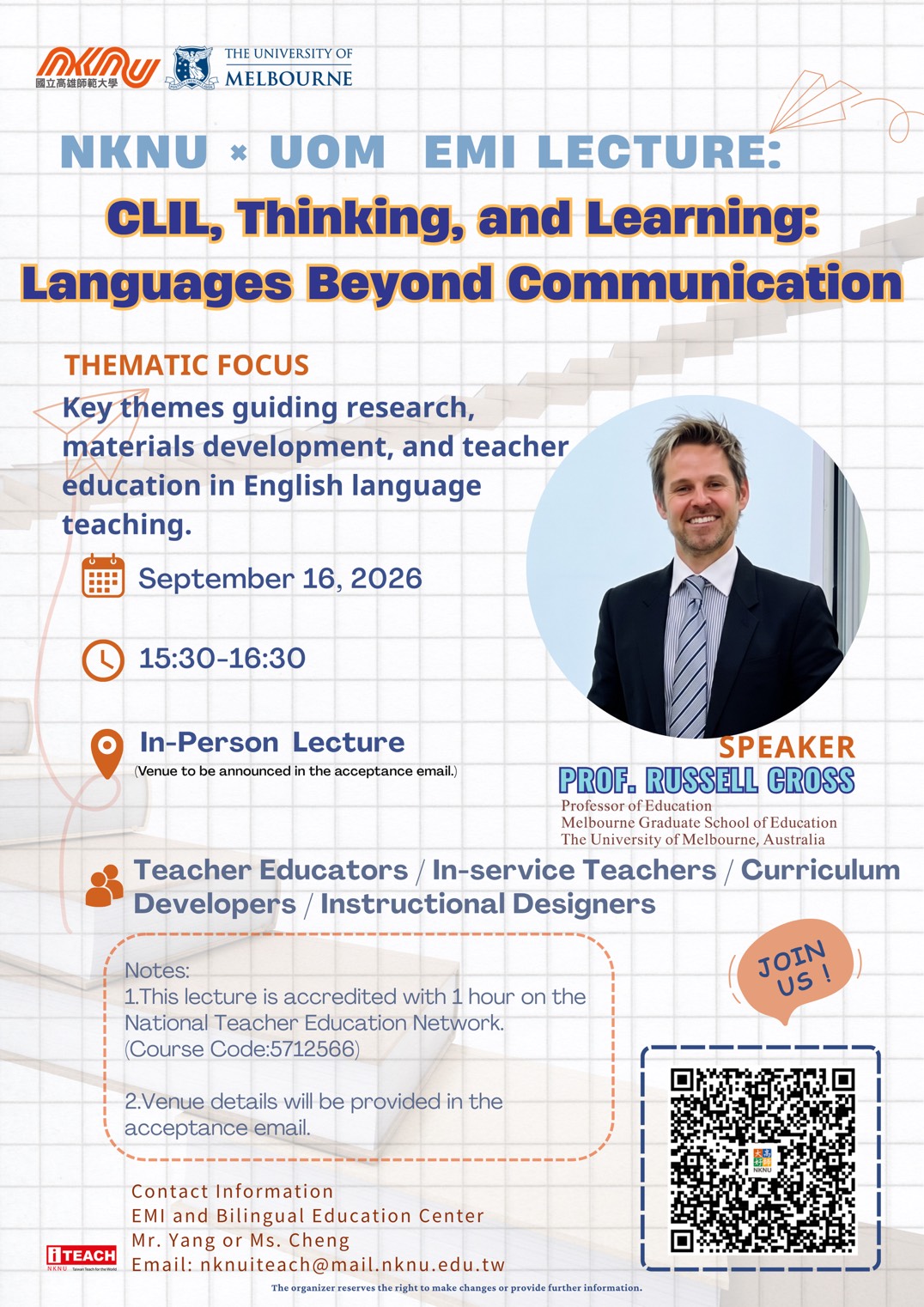 國立高雄師範大學辦理「CLIL, Thinking, and Learning: Languages Beyond Communication」講座資訊